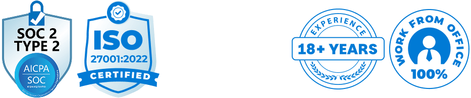 AICPA SOC 2 Type 2, ISO 27001:2022 certified, HIPAA compliant, 18+ years of experience, 100% work from office
