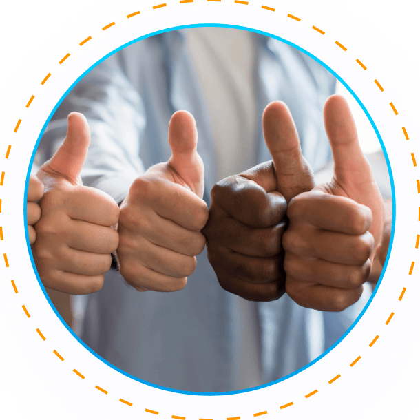 AM InfoWeb visual of multiple thumbs-up gestures, representing client satisfaction, trust, and positive business outcomes.