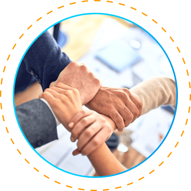 AM Infoweb visual of colleagues interlocking hands above a desk, representing team resilience, solidarity, and continuity through disruption.