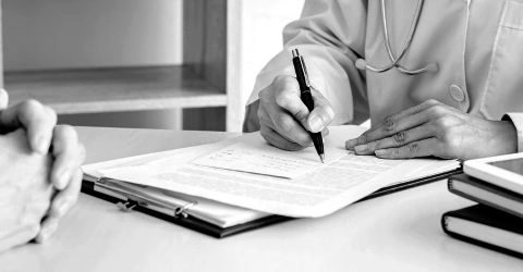A clinician in a white coat annotating a patient chart at a desk stacked with medical records.