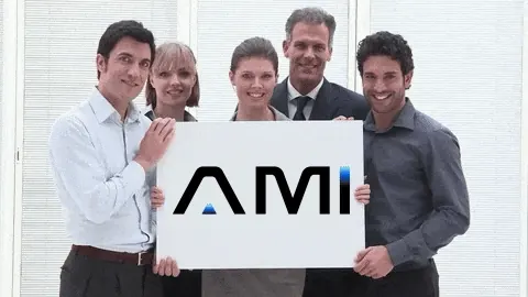 AM InfoWeb team members holding the AMI logo, representing collaboration, people-first culture, and client-focused operations.
